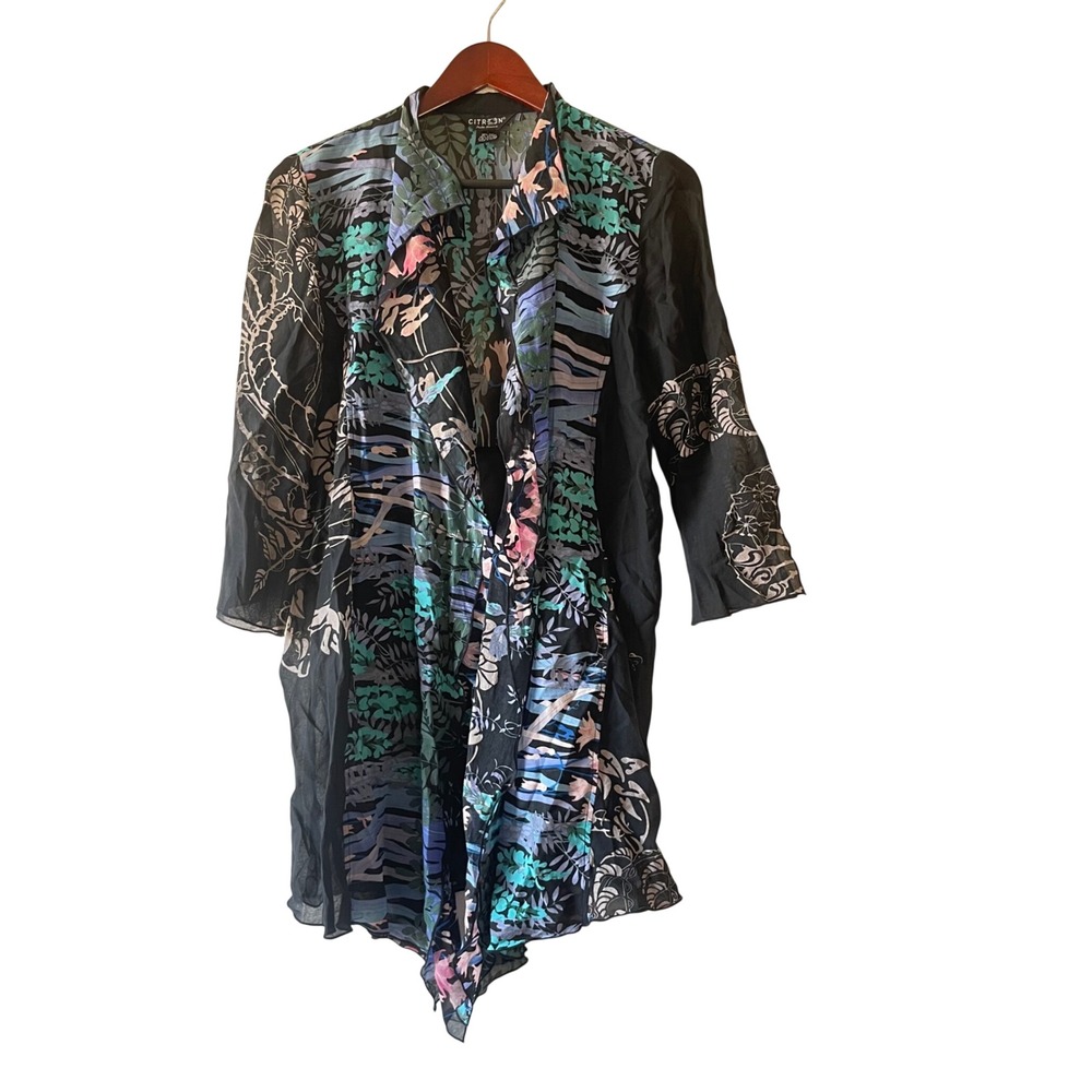 Citron Santa Monica Silk Cotton Botanical Print‎ Duster Cardigan Black Womens